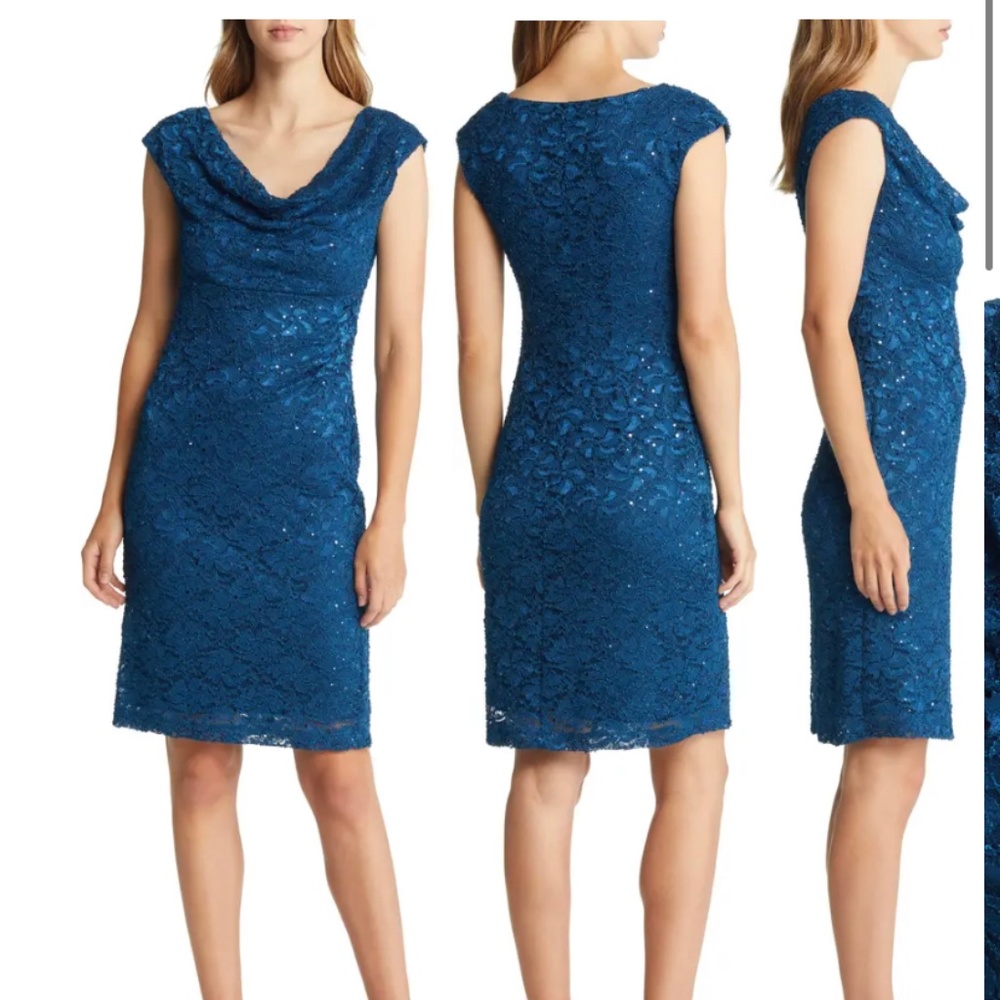 Champagne Lace overlay cowl neck sheath dress